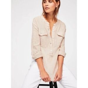 Free People Talk To Me Tan Natural Flax Button Down Long Sleeve Shirt Blouse